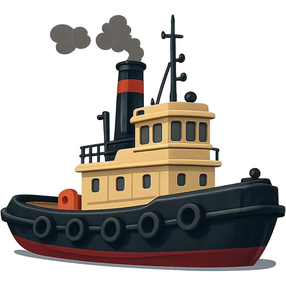 stylized illustration of tug boat with dark hull and cream yellow upper structure emoji