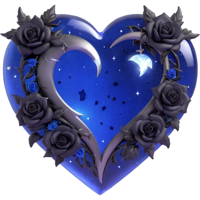 gothic heart in dark blue glass, with a silver crescent moon, small black roses, shimmering stardust, lightning bolt motif, rain-soaked glossy look, visible cracked glass texture emoji