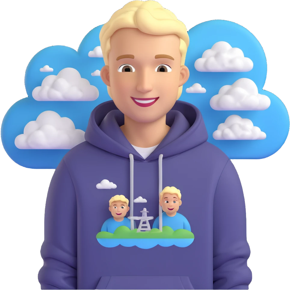 stylized 3D emoji of smiling blonde Dutch man, age 28, wearing hoodie, with engineering and cloud motifs emoji