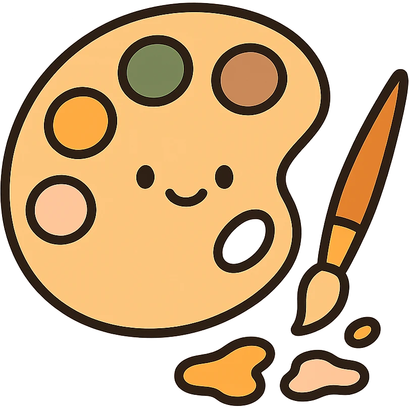 A cute and charming artist’s paint palette with dabs of paint in a warm, cozy color scheme: golden orange (FA9B41), deep forest green (4A7C5C), muted taupe brown (96775A), and pastel peach (FFCC9A). The wooden palette has a soft, rounded shape with a smooth finish, and the paint blobs are arranged neatly like little candy drops. Some splashes of color are playfully smeared nearby, and a tiny paintbrush rests beside the palette. The overall mood is light, artistic, and whimsical, with soft lighting and a gentle, creative atmosphere — perfect for a dreamy, storybook-style illustration. emoji