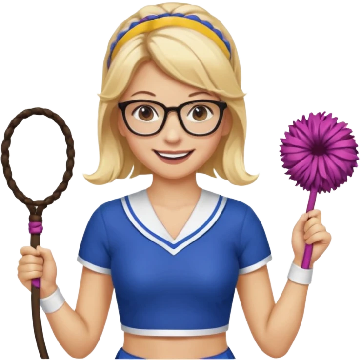  Sexy Dominatrix blonde hair and glasses full body with whip in a cheerleaders outfit  hair ties back emoji