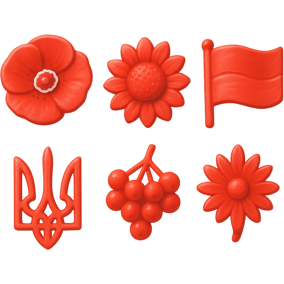 3D painted icon set: poppy, sunflower, Ukrainian flag, trident, viburnum, cornflower, bread, stork, Ukrainian house. Grid 2x3, organic spacing, transparent background. emoji