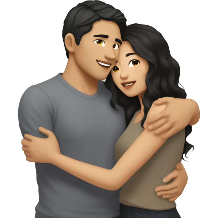 A half pale Asian man with short dark hair and amber eyes embracing and loving a half Asian woman with long wavy dark hair and dark hazel eyes. They love each other a lot And have good fashion taste. And are having a lot of fun emoji