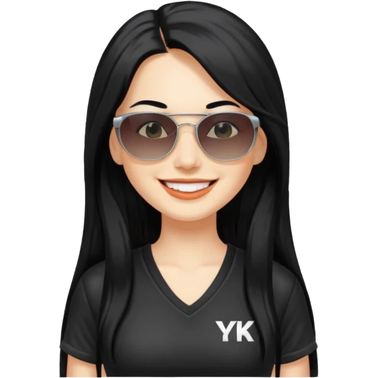 white adult woman in a y2k outfit, long black hair, with sunglasses emoji