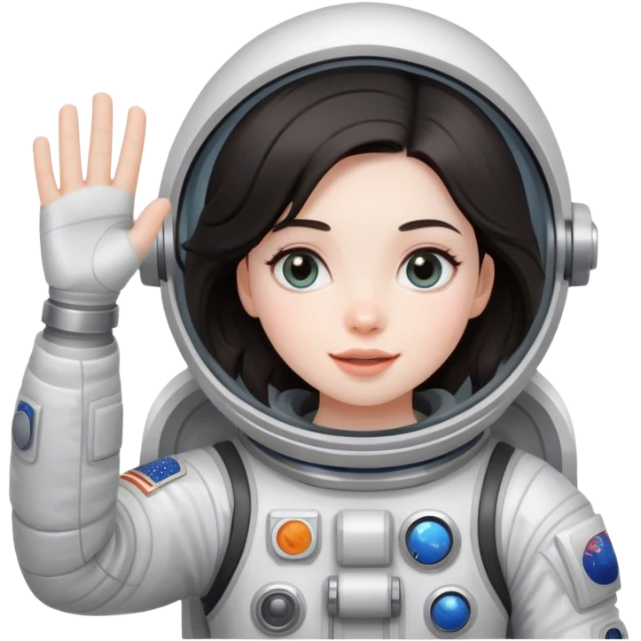 girl with dark hair waving wearing spacesuit emoji