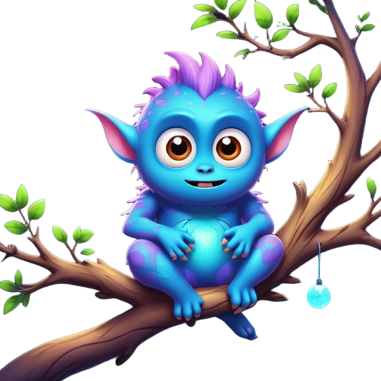 3D, create an image of a cartoon monster with extra big shining eyes sitting on a tree branch, thomas kinkade and paul lehr, pixar cute character design, by Anne Stokes, splashes of neon galaxies, adorably cute, drew struzan inspiration, 2019, by Wojciech Korneli Stattler, beautiful matte painting emoji