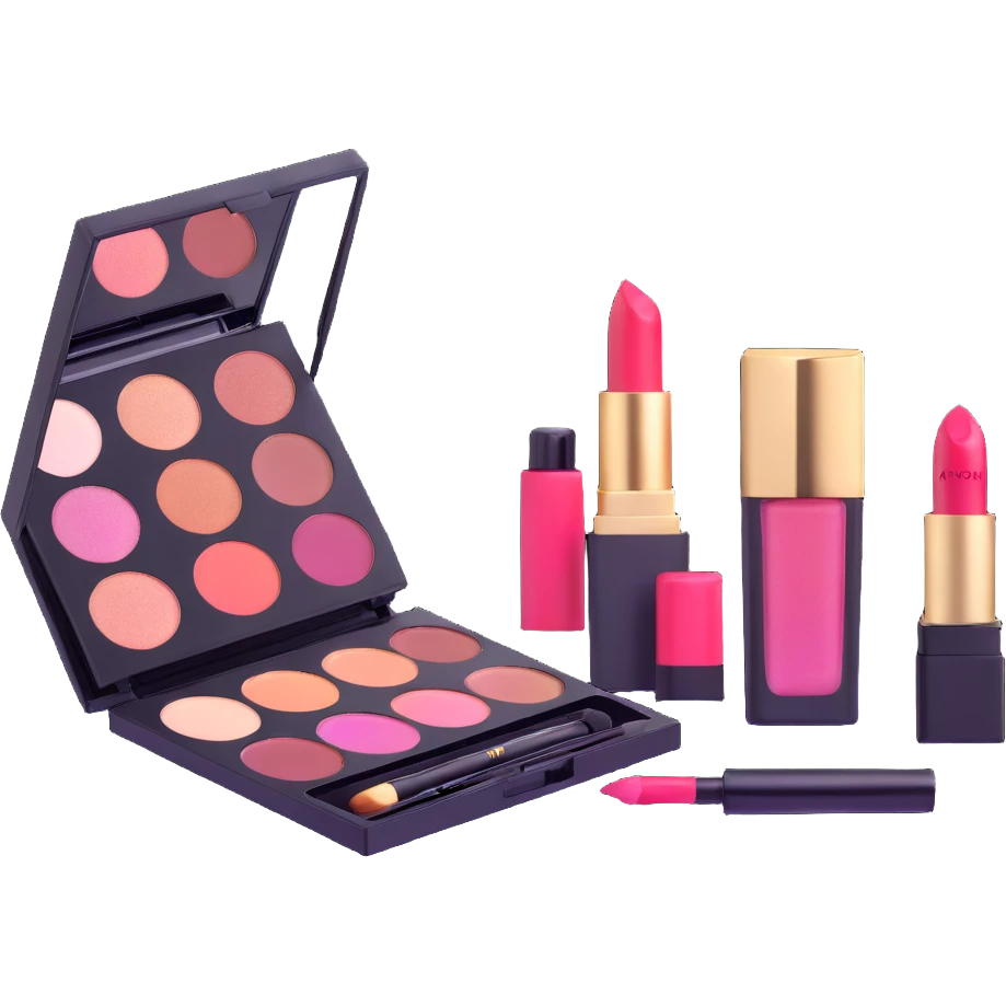 AVON makeup set with lipstick, eyeshadow palette, and mascara emoji