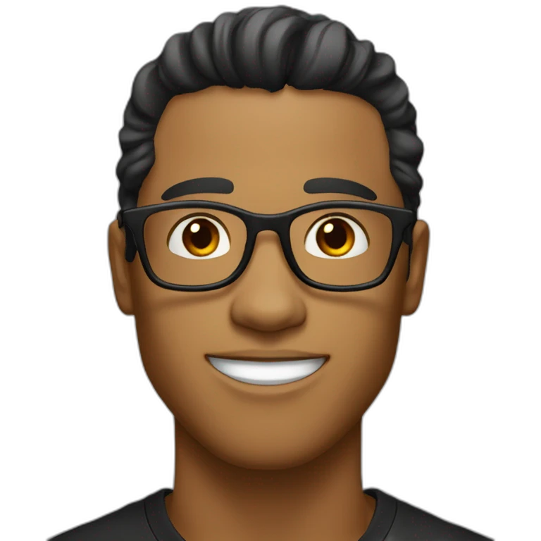 Caramel guy, black eyes, black long wavy hair, no facial hair, thin long nose, round glasses, black t shirt emoji