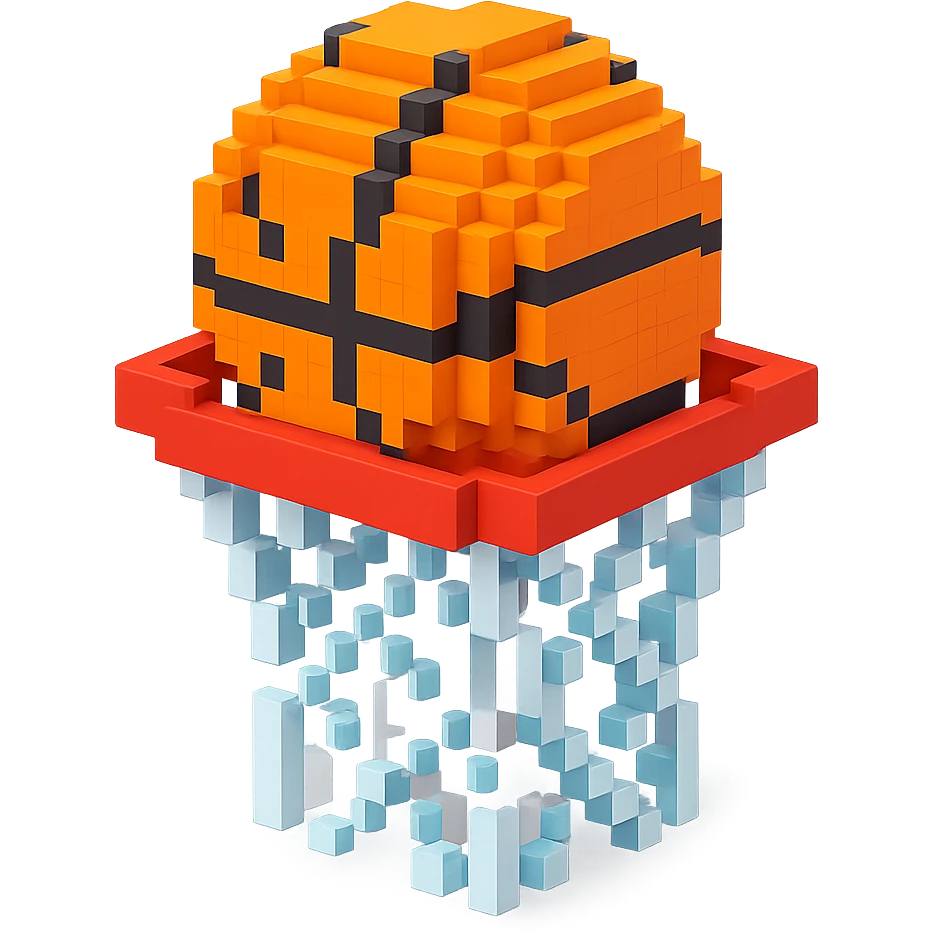 A voxel-style basketball in a net, colorful and vibrant emoji