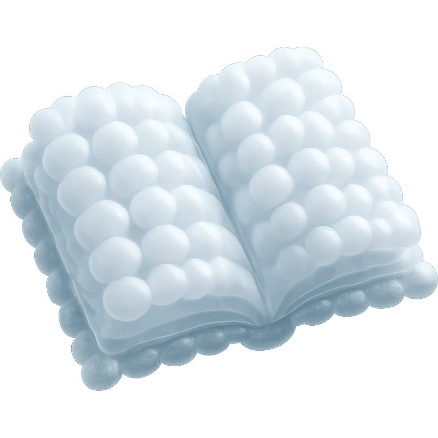 top view of a thick open book made entirely of small, very bright white fluffy convex clouds, matte glass style emoji