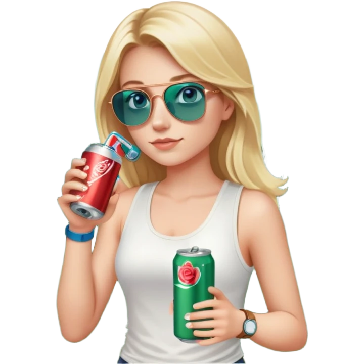 girl with long blond hair
with blue eyes
and aviator sunglasses
wearing white tank top 
holding a soda can
wearing (rose gold apple watch with forest green band) emoji