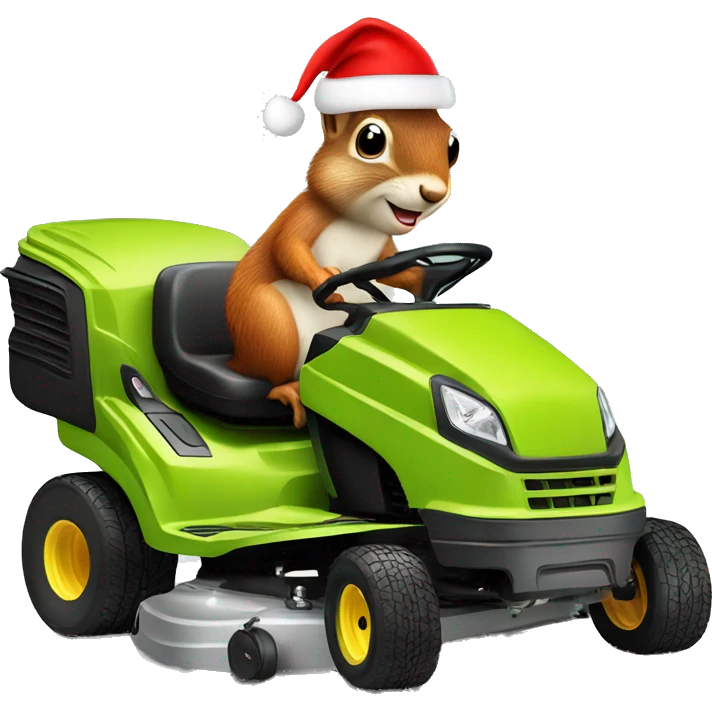 Squirrel on riding lawnmower wearing a Santa hat emoji