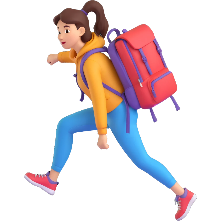a woman walking with a backpack, stylized features, bright colors, energetic movement emoji