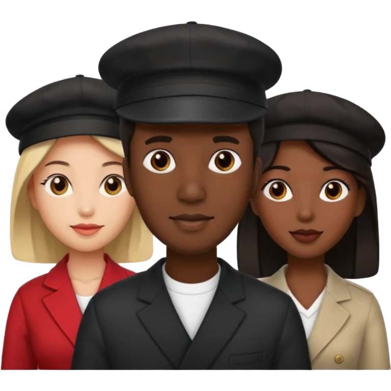 Black man with fitted hat on  with two women one black one Chinese  emoji