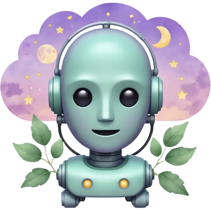 watercolor-style emoji of a robot head silhouette with “AI” inside a lilac cloud, connected to a soft circuit shape. gentle pastel palette (sage green, blush, lilac), surrounded by leaves, moon, and stars — poetic and calm aesthetic. emoji