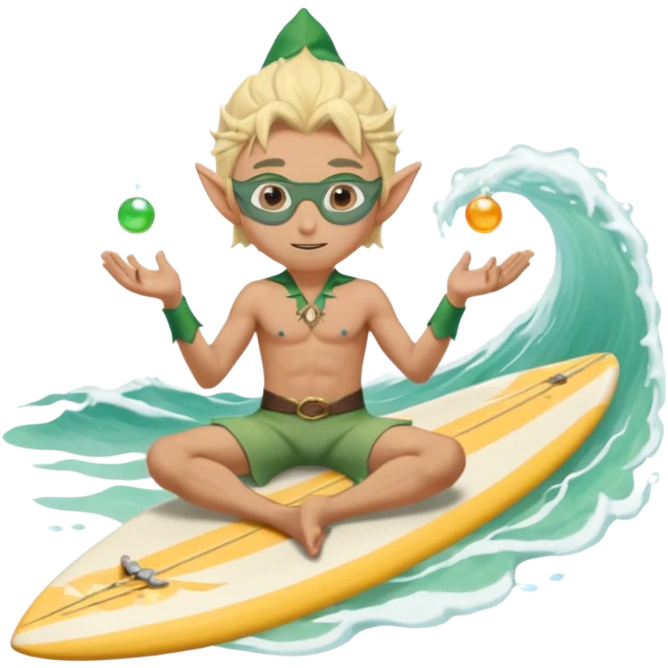 elf male legolas sitting on surfboard (ashore), hands manipulating two orbs of swirling seawater giving a "massage" to his own shoulders, wearing relaxed linen shorts over swimwear, tinted elven sunglasses, pointy ears, content expression, centered emoji emoji