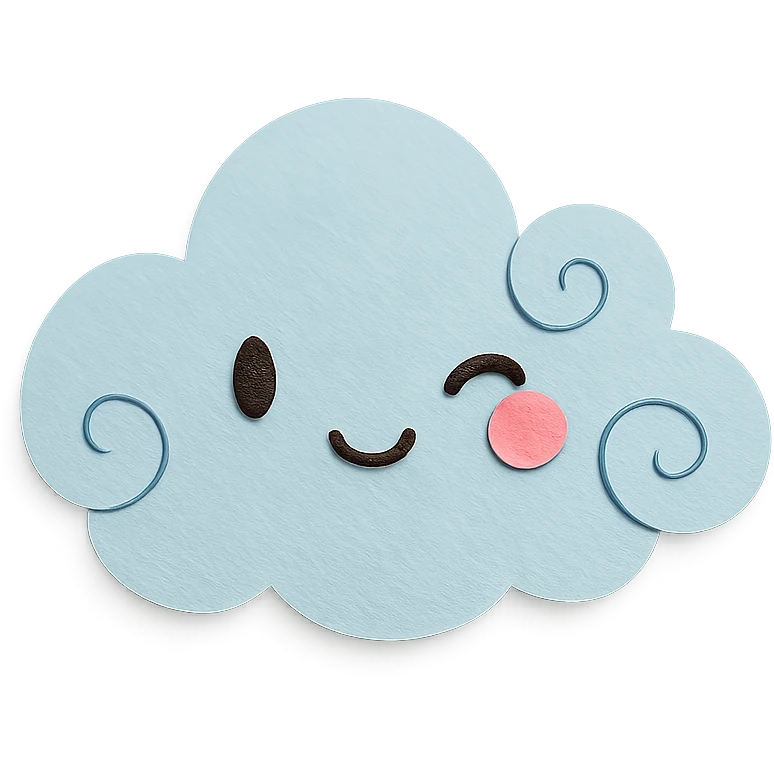 soft pastel light blue cloud with soft swirls and cute wink, no arms, no legs, full body, soft pastel kawaii paper craft style emoji