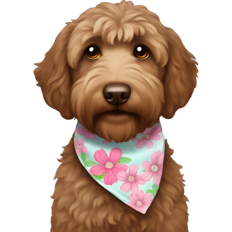 Brown labradoodle with a flower bandana emoji