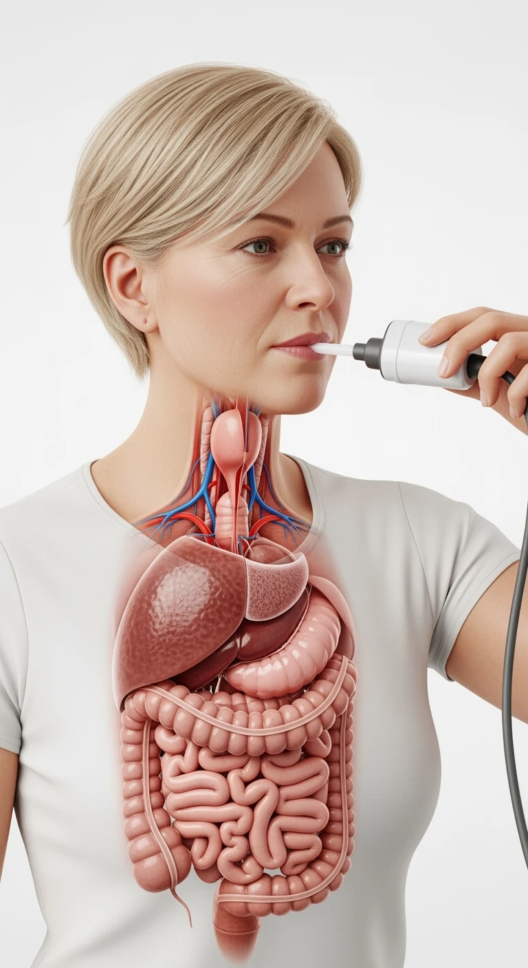 donna con intestino anatomico realistico in evidenza che fa il "Breath test", iperrealistica 4k, sfondo bianco emoji