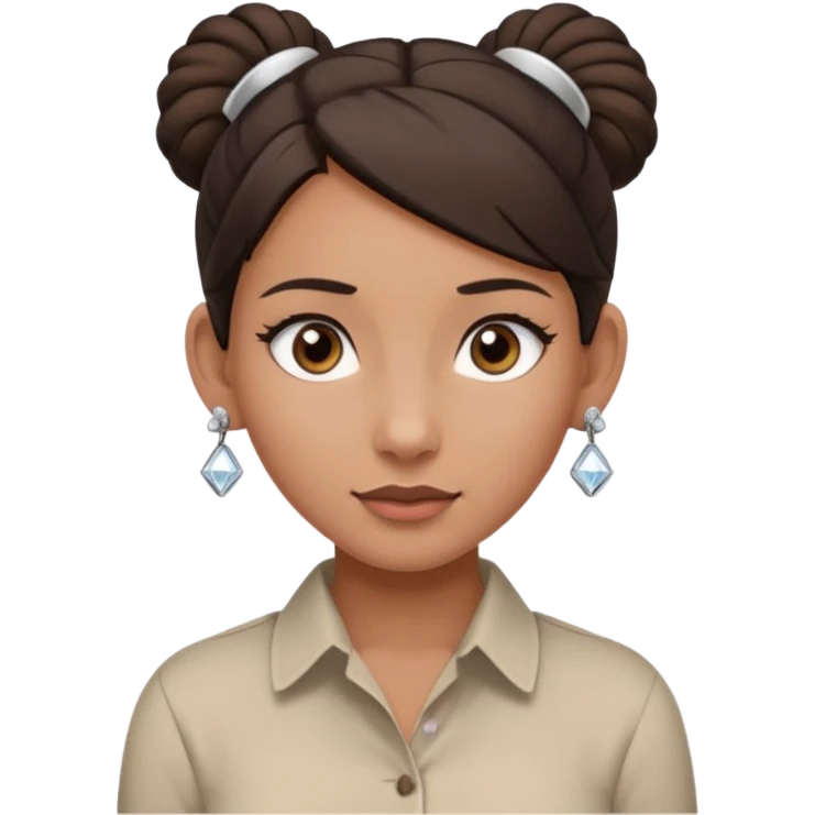generate a pretty bratz girl with dark brown eyes. Dark brown hair tied in a single bun, tight beige button up shirt with top shirt open. diamond studs in ears. airpods in ear emoji