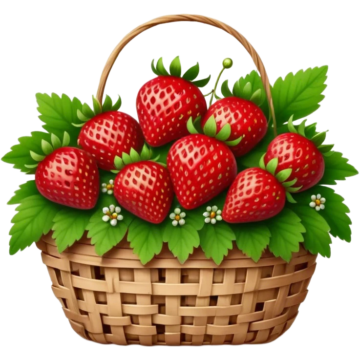 Cinematic ripe strawberrie, deep red, glossy with tiny seeds, green leaves still attached, gathered in a rustic basket, warm glowing background, fresh and sweet. emoji