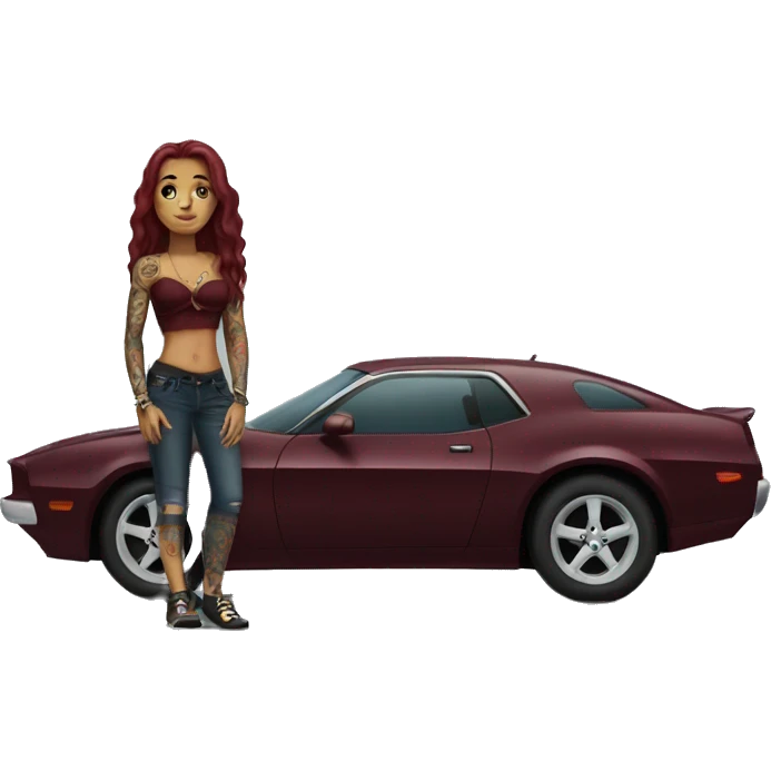 Beautiful tattooed burgundy long haired woman standing next to a car emoji