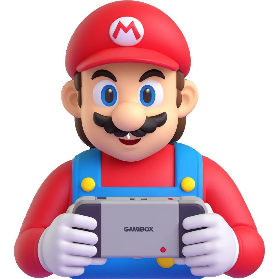 Super Mario holding a Gameboy, focused look emoji