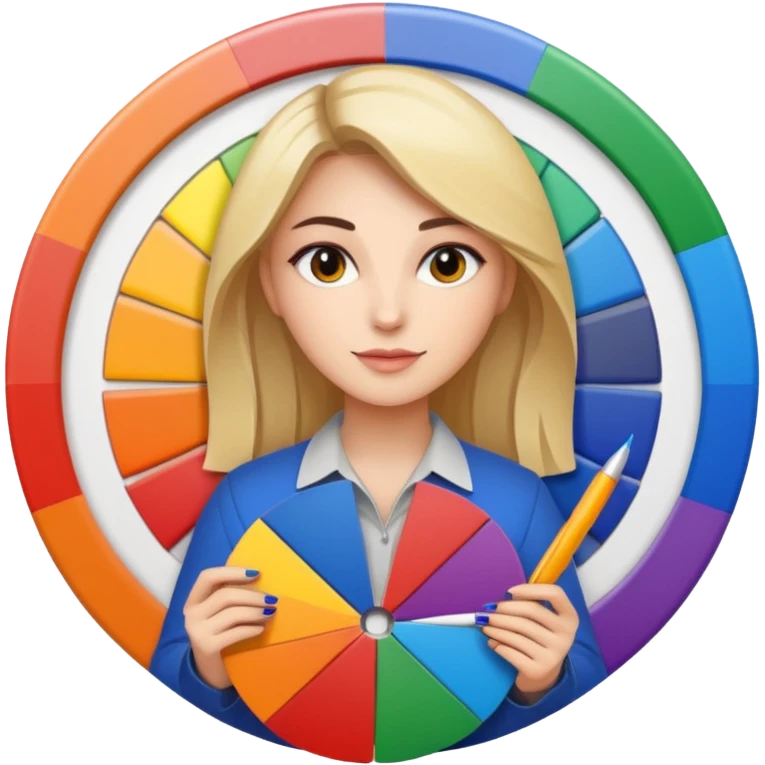 female graphic designer , color wheel, pens, papers emoji
