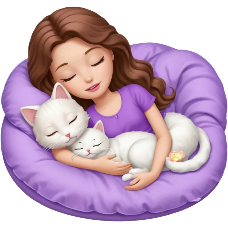White Barbie girl  Chestnut Chestnut brown long wavy hair sleeping with white kitty at lavander bed emoji