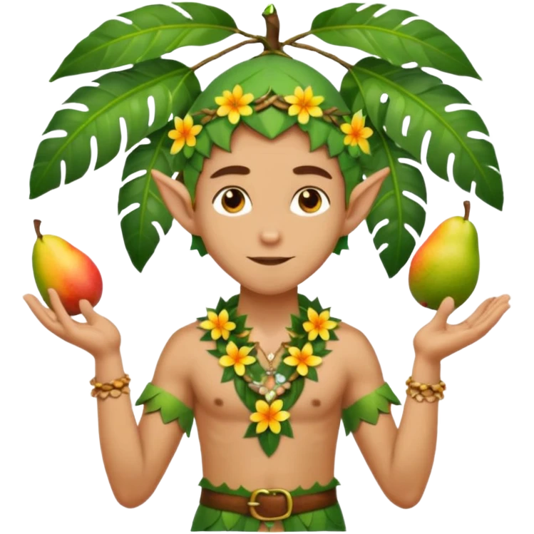 male elf in open palm-leaf shirt, offering mango. Flower necklace, sandals emoji