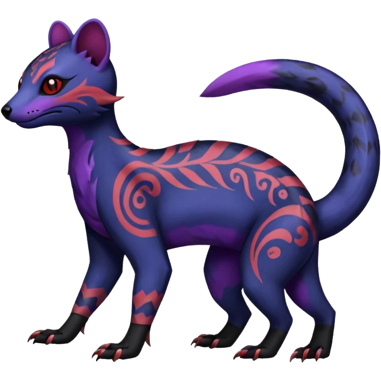 Rare warm-colored exotic gloomy tropical edgy cute epic aesthetic spooky indigo violet purple black red gothic colorful Salandit-Civet-species-Fakemon-hybrid-creature, with tribal tattoo markings, full body emoji