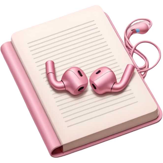  pink Pink Apple-style earbuds lying on an open book, soft pastel tones, cozy and minimal aesthetic, realistic lighting and shadows, top-down view, transparent background" emoji