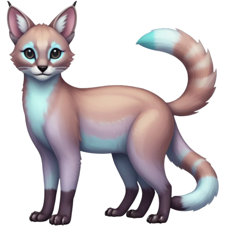 iridescent pastel white glorious exotic cute cool beautiful shiny beautiful fantasy-caracal-civet-genet-sergal-vernid-Cacomistle-oncilla-animal-Fakémon-hybrid-fursona (full body) emoji