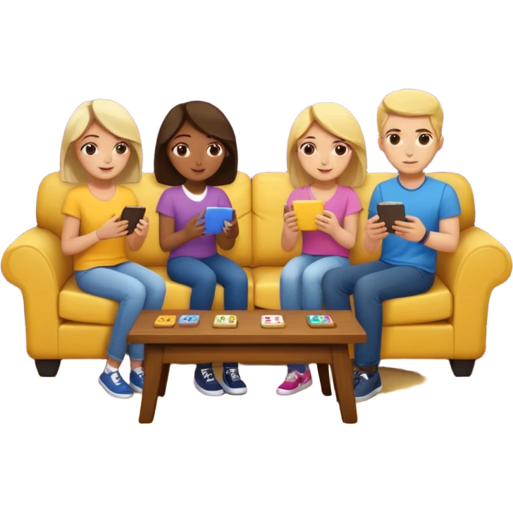 group of friends on couch playing a trivia game couch should be deep dark yellow color.  include a small wooden table in front of the couch as well emoji