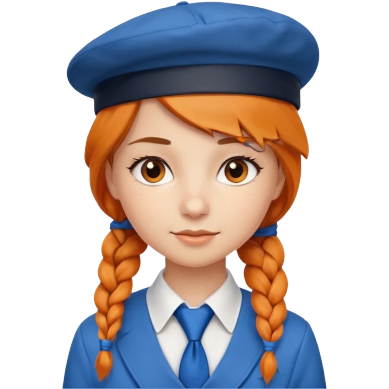 orange braided hair girl, wearing white shirt, Blue Necktie, and a brown berret Hat emoji