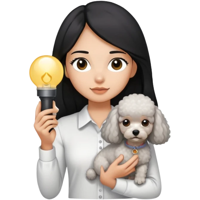 A girl with long straight hair and a white shirt is holding a small light gray poodle emoji