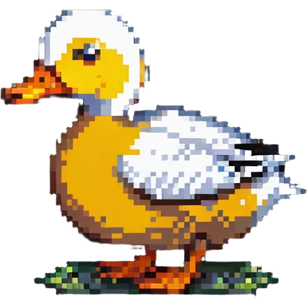 pixel art style duck inspired by the DuckDice logo, side view, coin in beak emoji