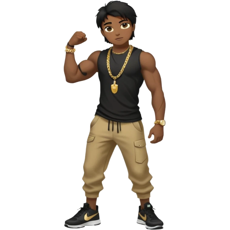 full side body view of muscular teen boy with veiny hands arms and biceps. has messy black hair with dark-tan skintone with black tshirt. has gold chain and nike shoes with baggy pants emoji