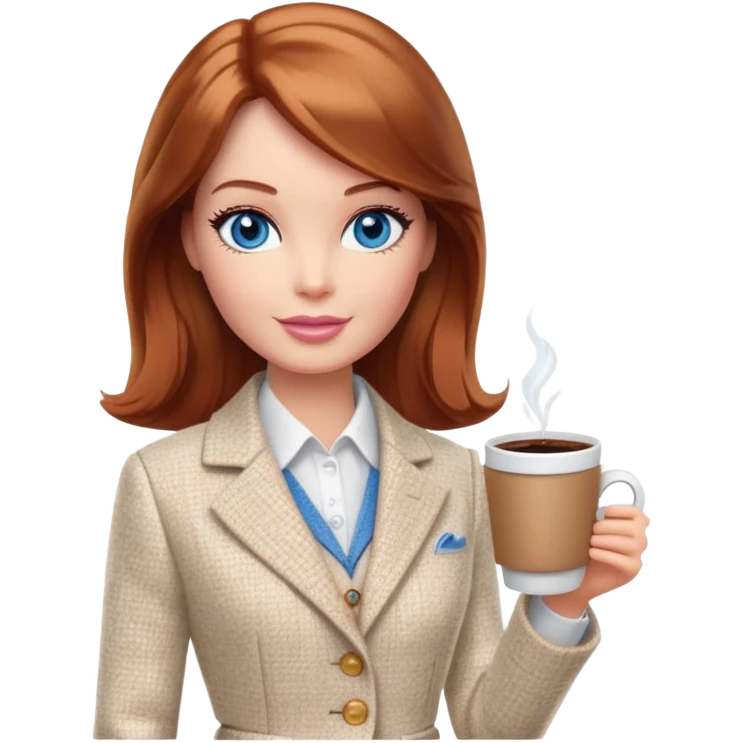 A Barbie girl with blue eyes, shoulder-length reddish-brown hair, made-up, wearing a white tweed jacket and a beige skirt, is sitting at a table with a cup of coffee in her hands emoji
