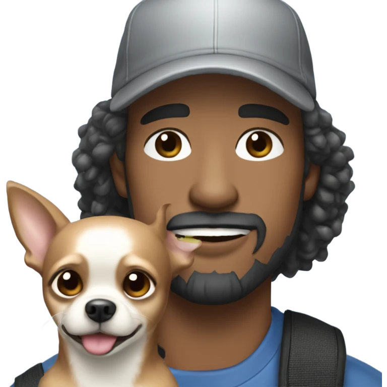 man with blue eyes gray hair and goatee wearing ball cap holding chihuahua with long black hair emoji