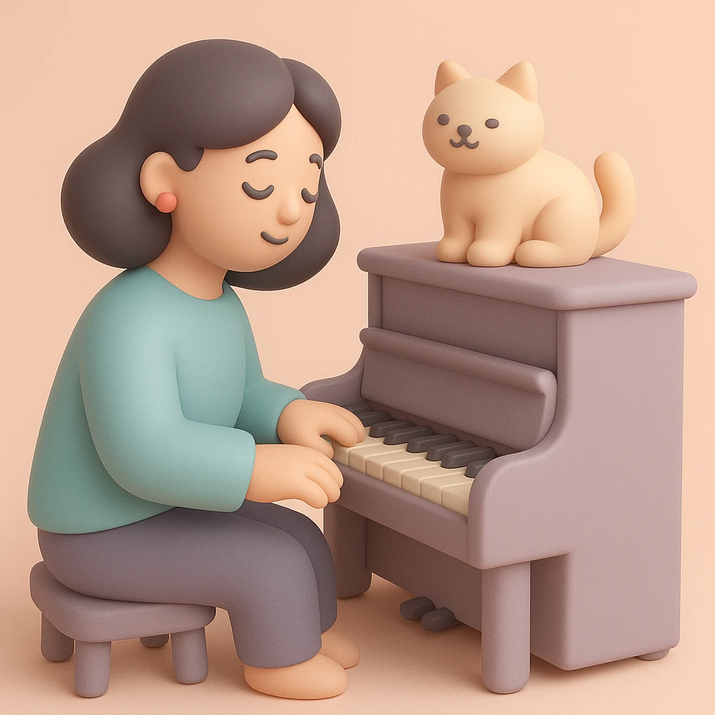 woman playing piano while her cat sits on top of the piano emoji