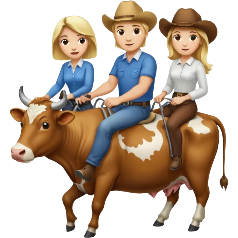 Do a man and a woman riding cows , the man is blond and woman a brunette emoji