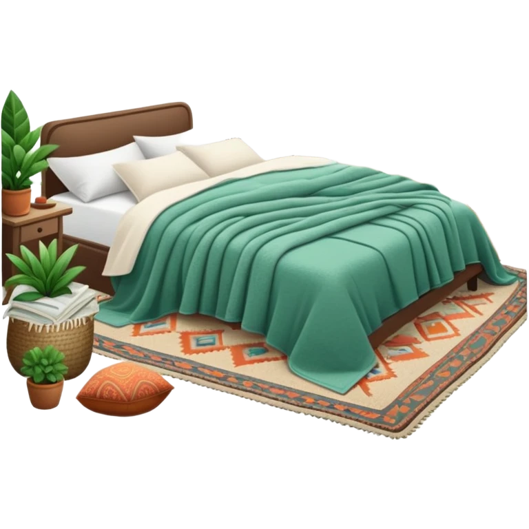 cozy modern boho bedroom with many houseplants, layered rugs, and piles of textured blankets and pillows emoji