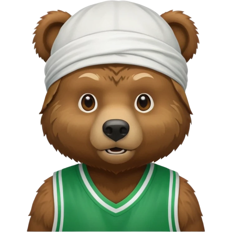 cute Russian grizzly bear wearing a white durag and a green basketball jersey emoji