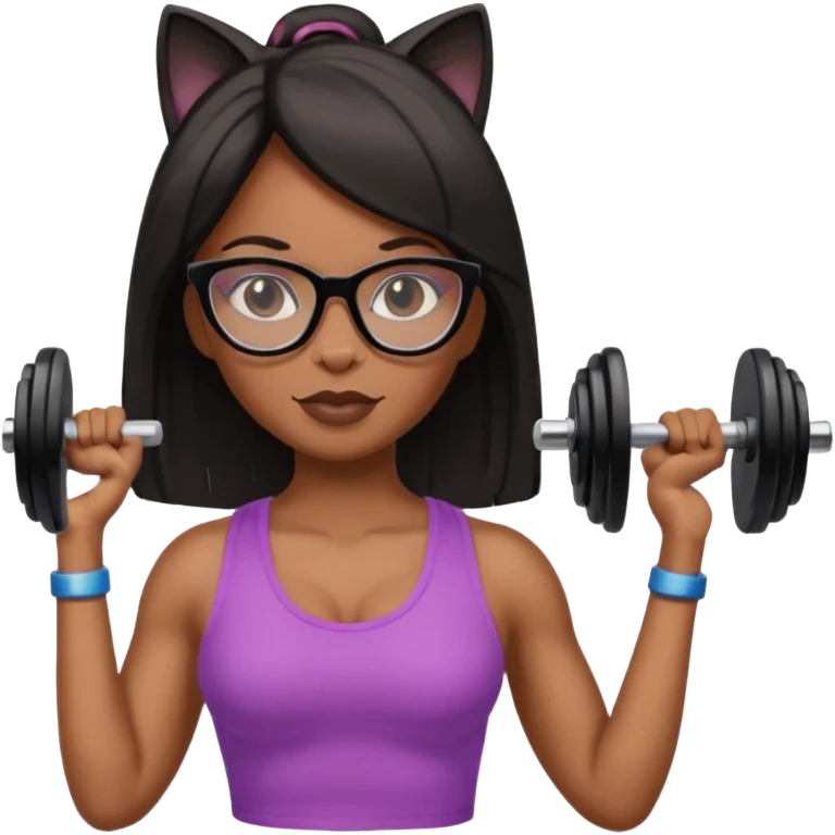 Negra,cabelo liso,óculos com armação de gato segurando peso de academia emoji