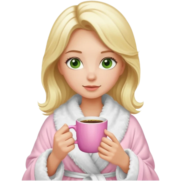 Green eyes blonde girl drinking coffe in a pink mug with a fluffy white robe emoji