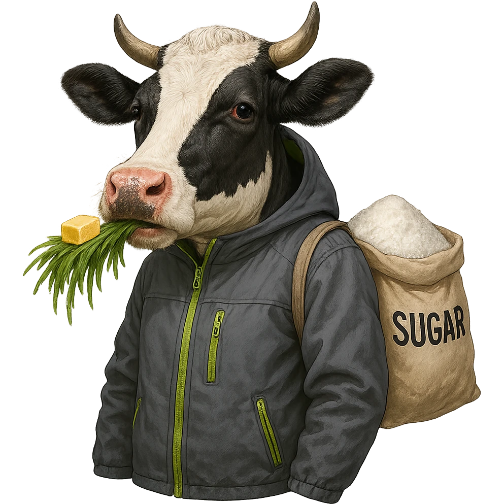 a cow wearing a gray jacket with neon green accents, eating grass with butter, carrying a bag filled with white sugar emoji