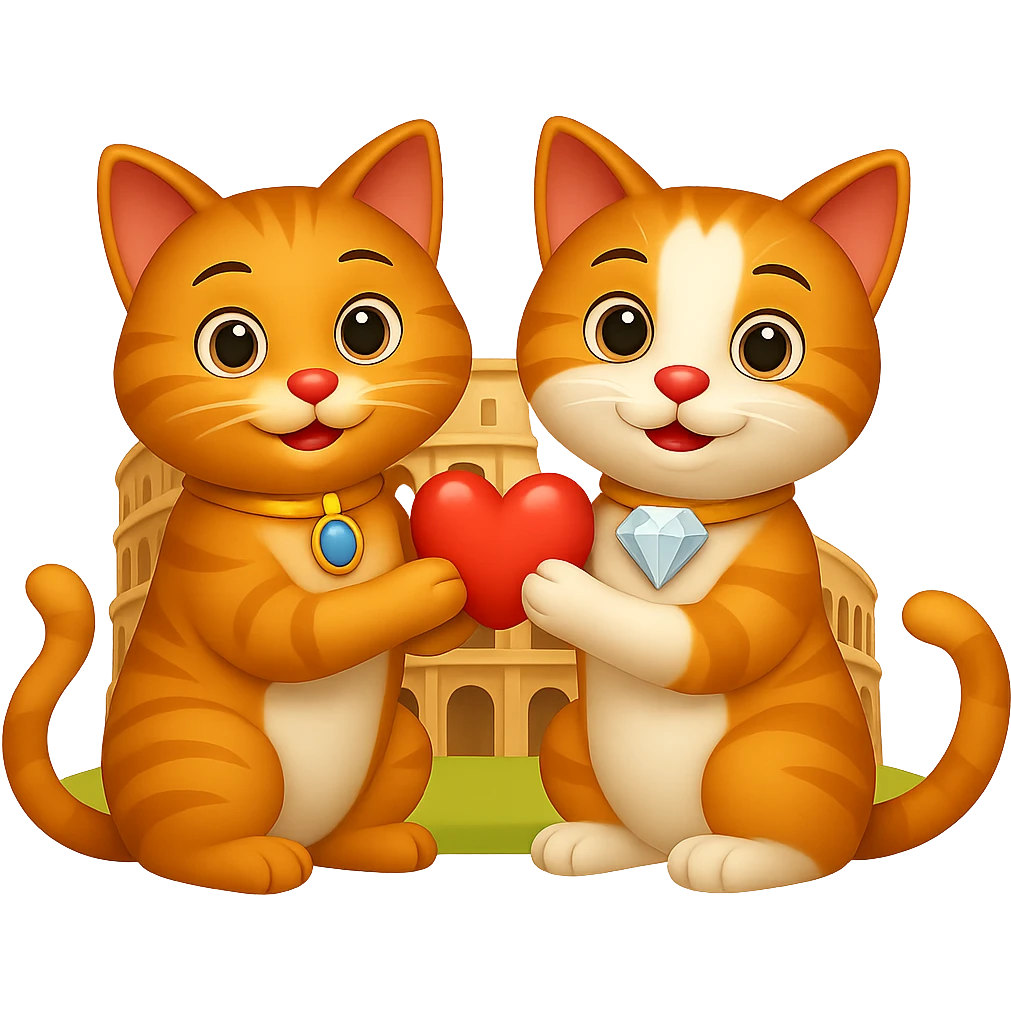 Add a big diamond on the collar of one of the happy cats. Keep the Colosseum in the background. The style should resemble emoji style with a transparent background. emoji