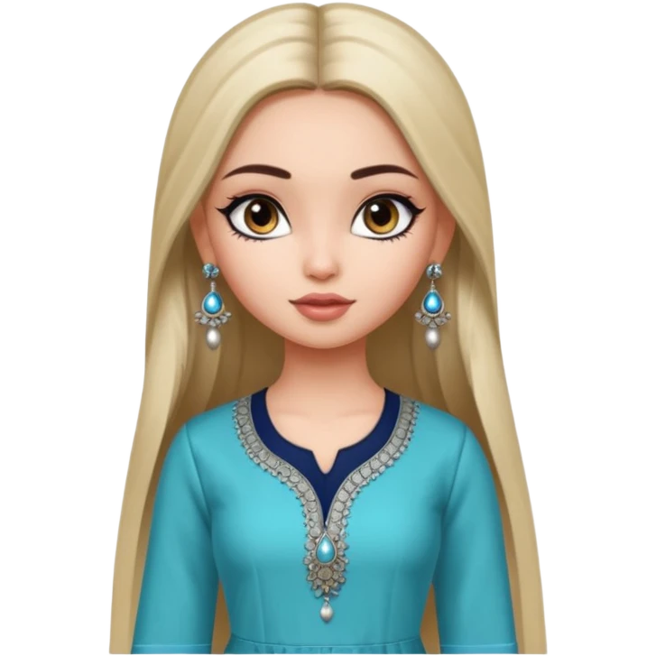 generate a pretty bratz girl wearing a kurti, eyeliner on, long straight hair, silver jhumkas in ear emoji