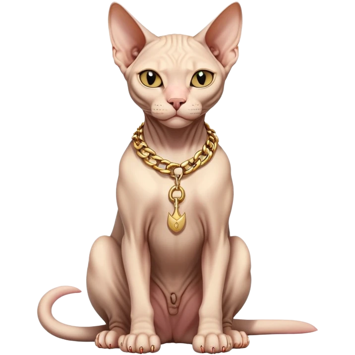 Sphynx cat full body sitting with a gold chain, one eye closed emoji